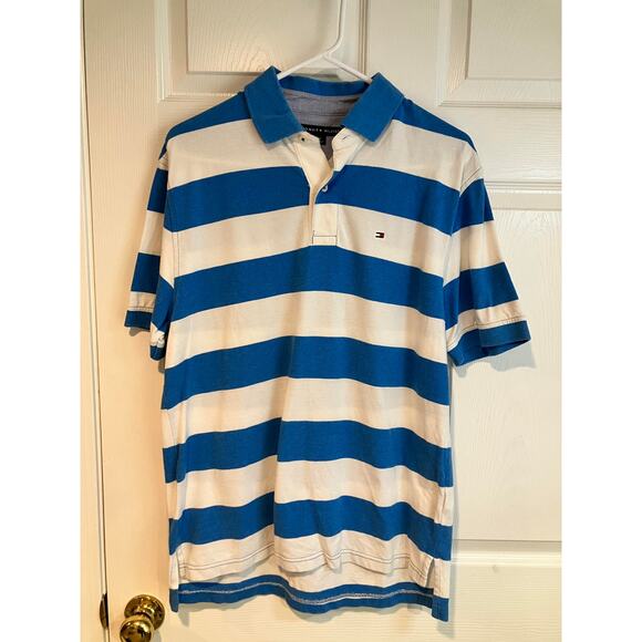 VTG Y2K Tommy Hilfiger Rugby Short Sleeve Polo Shirt Blue White Mens Size M - Picture 1 of 7